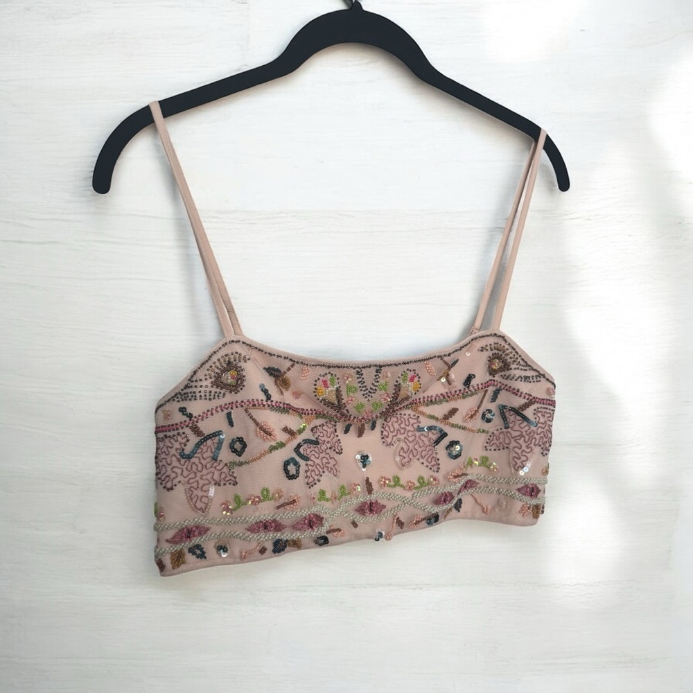 Zara Embroidered sparkly beaded Beige Crop Top mesh fairycore summer L